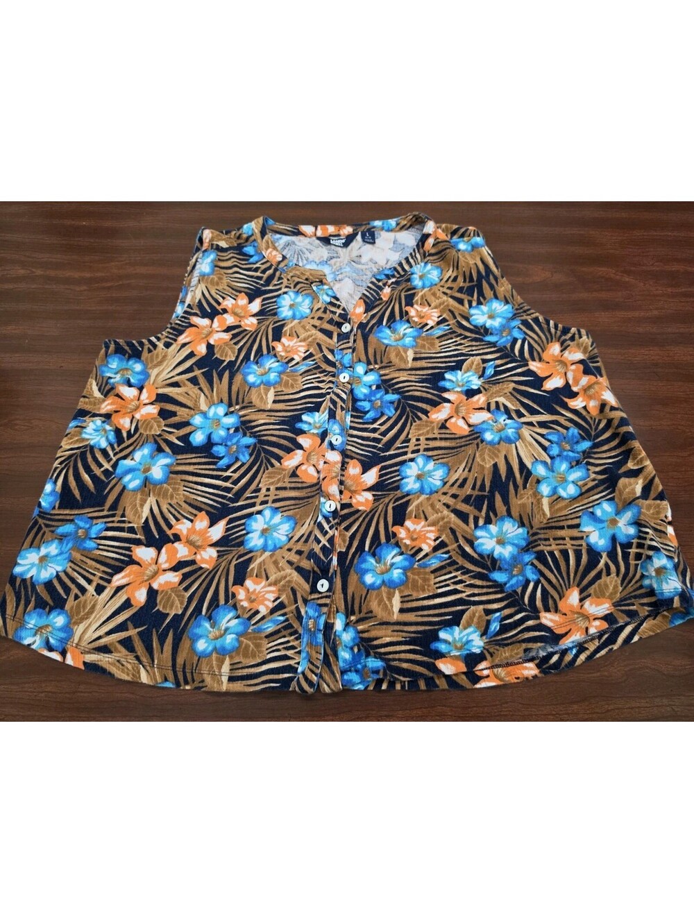 Land's End Womens L 14-16 Tropical Floral Henley Top Blue Orange Short Sleeve